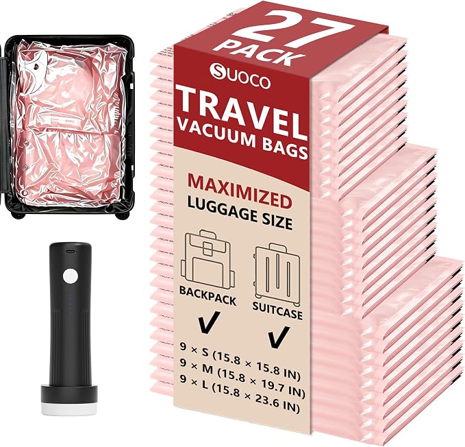 Travel Vacuum Bags for Clothing with Cordless Pump 27 Combo, Pink | Compression Packing Cubes Organizer Storage for Luggage Suitcase, Space Saver Seal Bags for Vacation Cruise by SUOCO