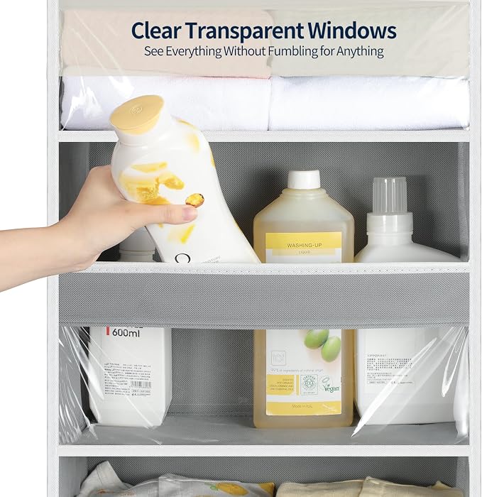 Yecaye Over the Door Organizer 5 Tiers, Heavy Duty Hanging Storage with 5 Large Clear PVC Pockets and 10 Side Pockets, 56lbs Capacity for Closet Door Bathroom Bedroom Nursery Dorm Laundry Room, Grey - Image 6