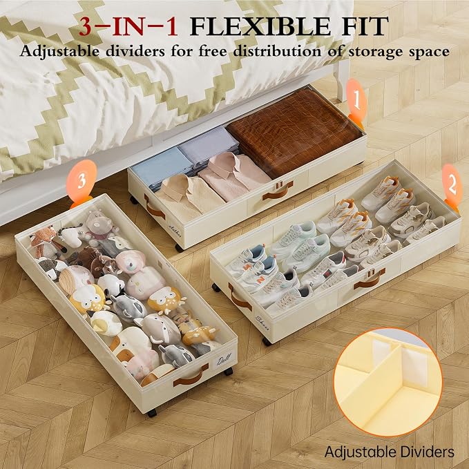 Yecaye Under Bed Storage with Wheels, 65L Under Bed Storage Containers with Adjustable Dividers & Clear Lid, Rolling Underbed Organizer Bins Drawer for Clothes, Shoes, Blankets, 2 Pack - Image 3