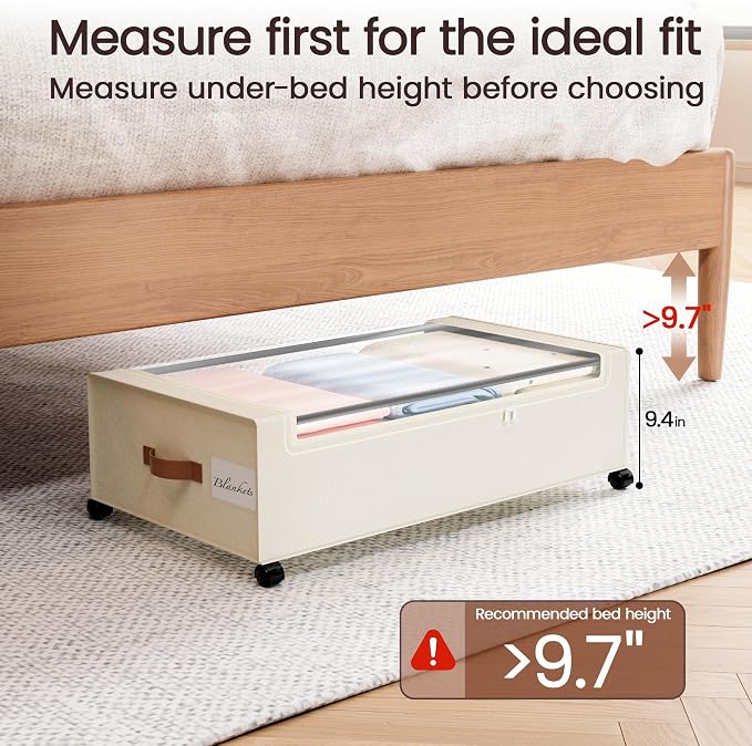 Yecaye 82L Under Bed Storage Containers, Fits 9.4" Under Bed, 2 Pack, Beige | XXL Capacity, 360° Rolling Wheels, Sturdy Metal Frame, Clear Window & Label, Storage Bins for Clothes, Shoes, Blankets - Image 3