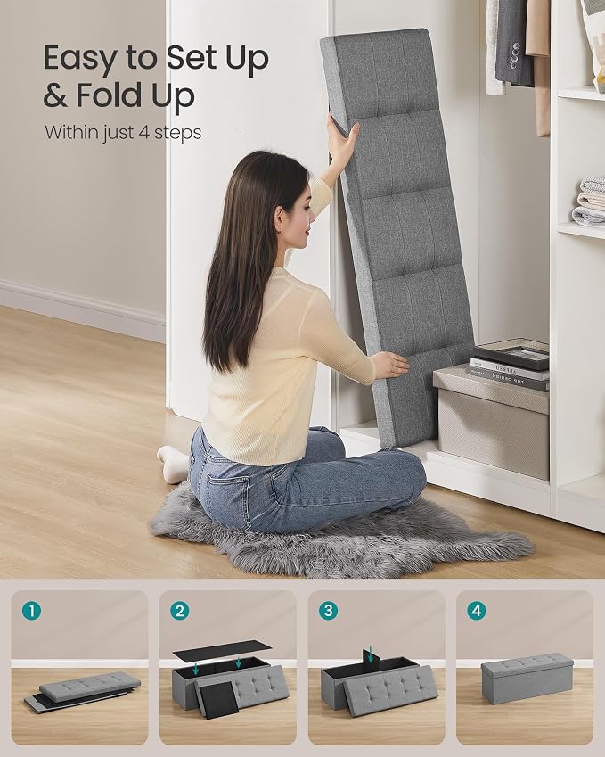 SONGMICS 43.3 Inches Folding Storage Ottoman Bench, Load 660 lb | Ottoman Foot Rest, Storage Chest, for Living Room, Entryway, Dove Gray and Ink Black, MINOTA Collection ULSF77G - Image 7