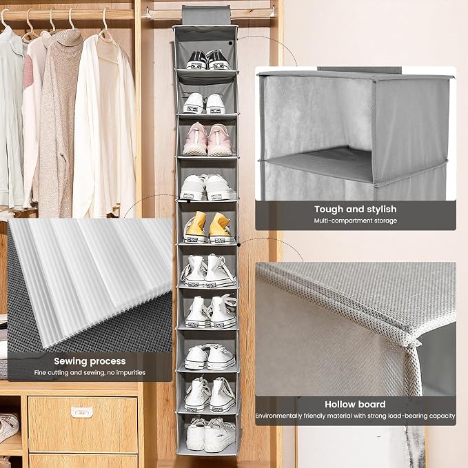 HomeBeyond 10 Shelf Hanging Closet Organizer, Grey Storage Shelves for Clothes, Shoes, and Accessories, Space Saving Closet Storage Solution - Image 6