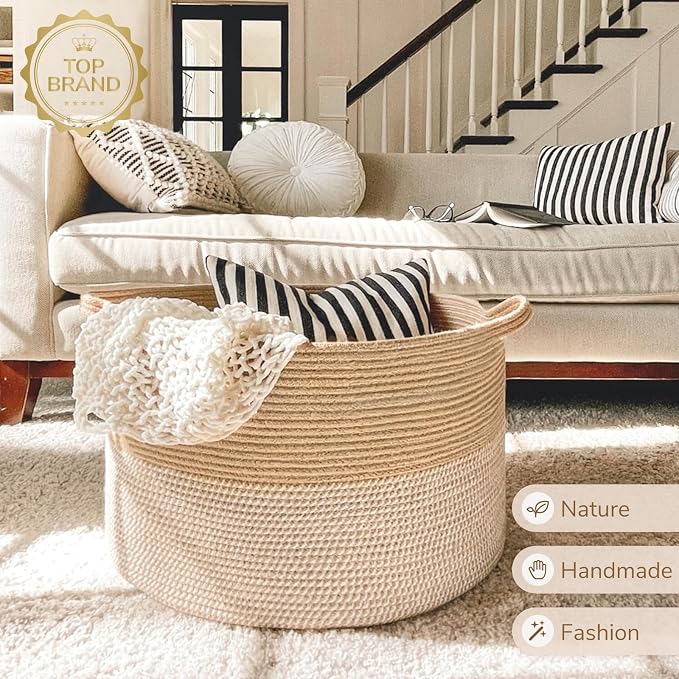 INDRESSME XXXLarge Woven Wicker Blanket Basket Living Room White Jute, 90L - Image 5