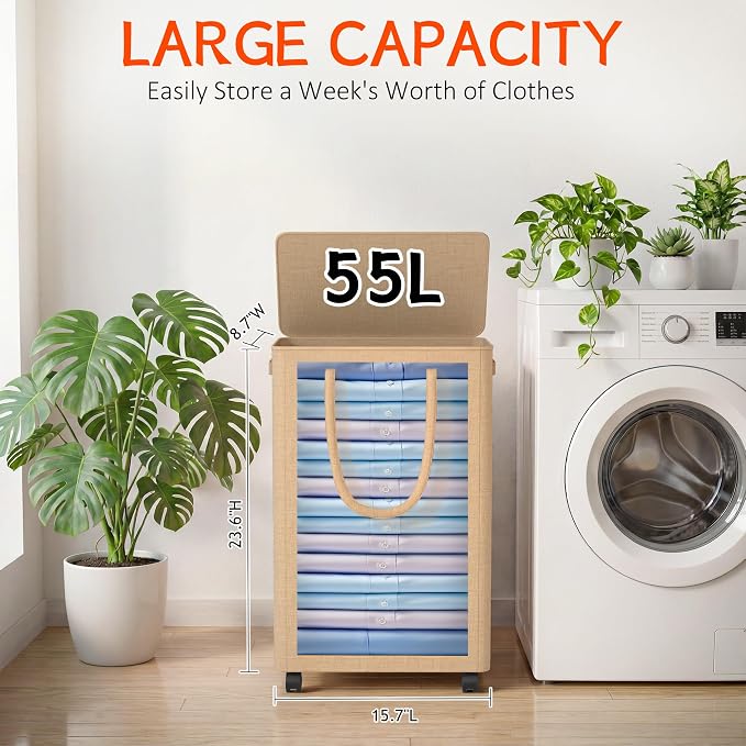 Slim Laundry Hamper with Wheels,15 Gal (55L) Rolling Laundry Basket with lid and wheels Clothes Hamper Foldable Tall Dirty Clothes Basket Sturdy Collapsible Clothes Hamper for Dorm,Laundry Room - Image 2