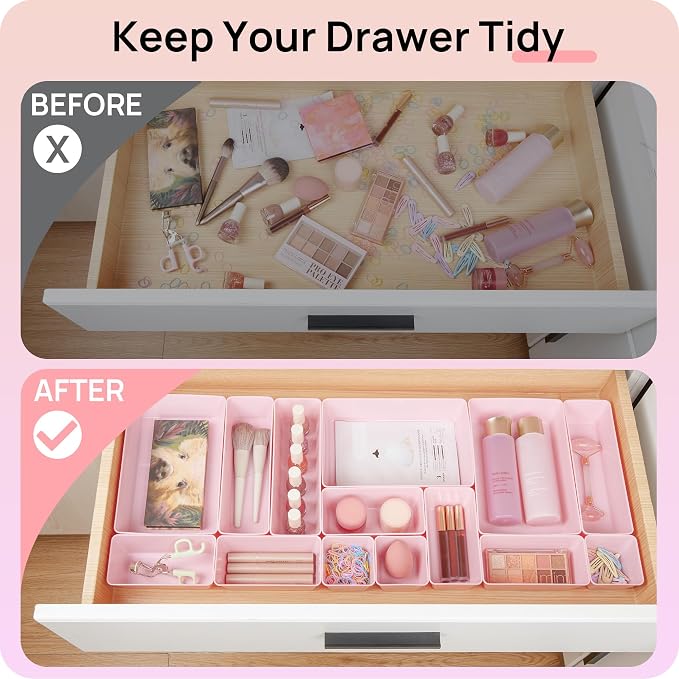 Vtopmart 44 PCS Plastic Drawer Organizers Set, Vanity Organizer Trays, Pink - Image 3