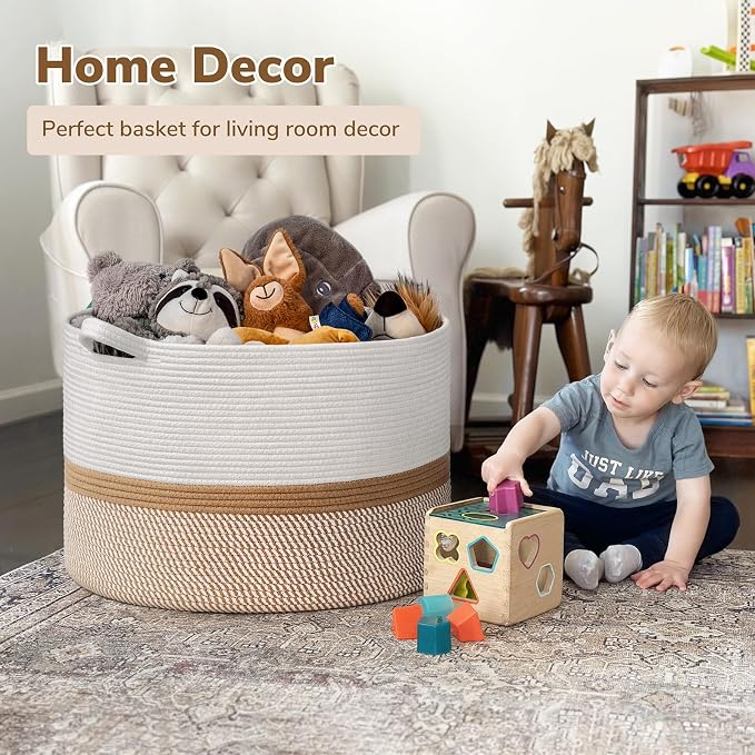 INDRESSME XXXLarge Woven Rope Blanket Basket Living Room White Camel, 90L - Image 2