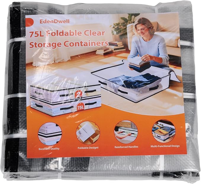 2 Pack Under Bed Storage Bags, 75L Foldable Clear Containers with Handles | Dual Zipper Storage Bins for Comforters, Bedding, Blankets, Closet Organizer for Clothes, Linen Sheets, Sweaters - Image 8