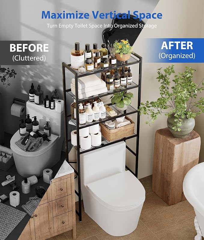 4-Tier Over The Toilet Storage Rack, Bathroom Organizer with One-Piece Metal Mesh Shelves, Over Toilet Shelf with Adjustable Feet & Anti-Tip Kit, Space-Saving Bathroom Storage, Black - Image 5