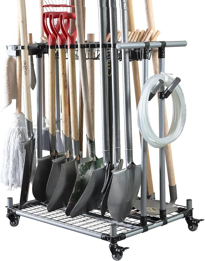 Heavy duty garden tool organizer garage storage holder storage large long farming tools lawn tool metal rack shovel and rake organizer by QTJH