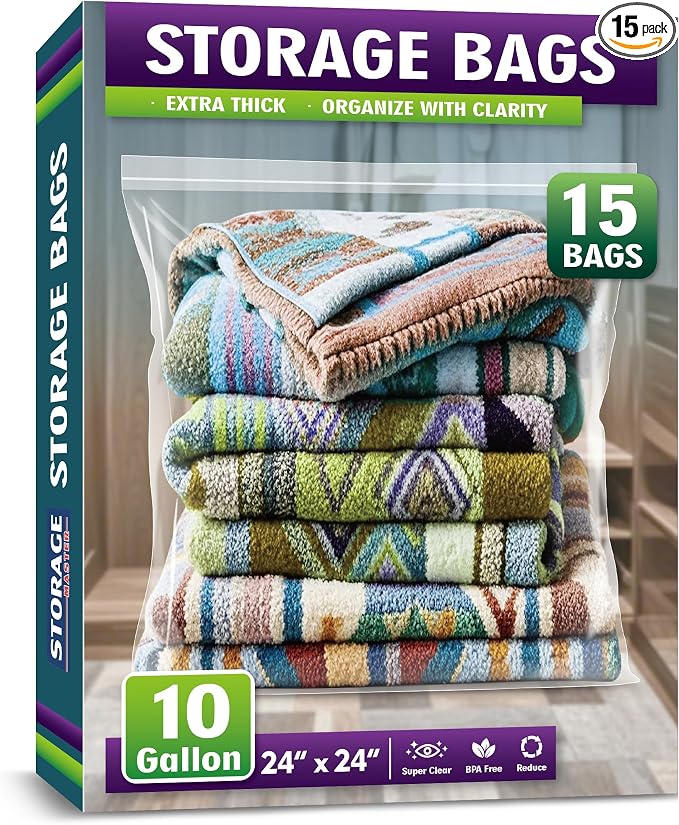Extra Large 10 Gallon Zippered Plastic Bags for Storage- 24'' x 24'', Ideal for Clothes Clothing, Travel, Moving, 3-mil Extra Thick Clear Plastic, 15 pack by Storage+Master