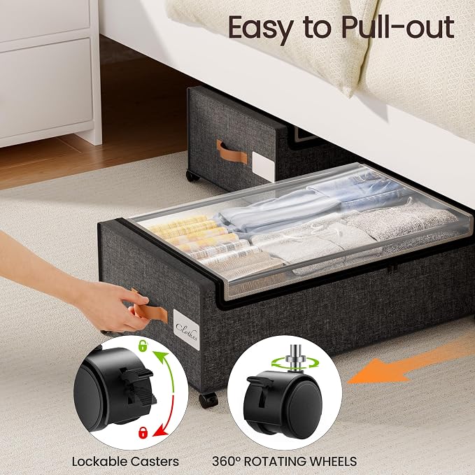Yecaye 95L Under Bed Storage Containers, Fits 11" Under Bed, 2 Pack, Grey | XXL Capacity, 360° Rolling Wheels, Sturdy Metal Frame, Clear Window & Label, Storage Bins for Clothes, Shoes, Blankets - Image 6