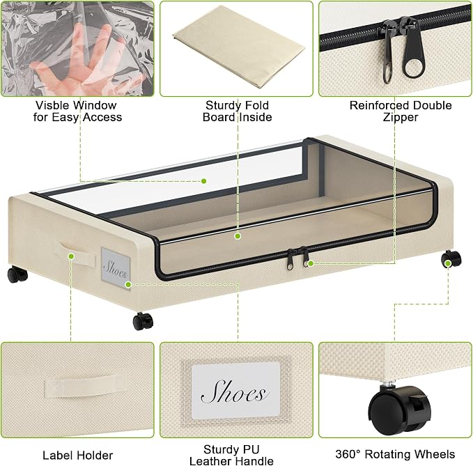 Tututry Under Bed Storage with Wheels, XXL 60L Under the Bed Storage Bins, Underbed Storage Containers with Lids & Label, Rolling Metal Drawer for Shoes, Clothes, Books, Toys (4-Pack Beige) - Image 4