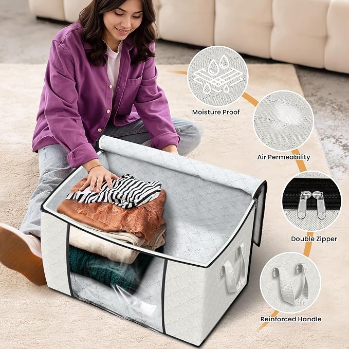 Fab totes 90L Clothes Storage, Foldable Thick Fabric Blanket Storage Bags | Foldable Containers with Zippers,Window and Handles for Organizing Bedroom, Closet, Comforter, Bedding,Dorm essentials - Image 4