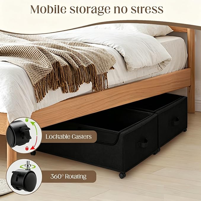 Under Bed Storage with Wheels, 2 Pack Under Bed Storage Containers, 10.6 inches Tall Underbed storage bins on Wheels, Rolling Under the Bed Metal Drawers for Clothes, Blankets, Shoes (XXXL, 90L) - Image 3