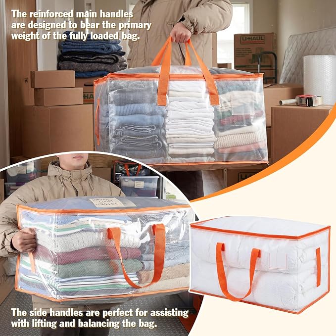 KYODOLED 10-Pack Clear Moving Bags Heavy Duty Extra Large, Storage Totes | Transparent, Reinforced Handles & Strong Zippers, Label Pocket, for College Dorm, Clothes, Bedding, Toys, Space-Saving - Image 4