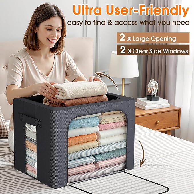 6 Pack Clothes Storage Bins with Metal Frame,40L Storage Bags Fabric Box Organizer with Clear Window,Zippers,Sturdy Handles(6 Pcs,Light Grey,40L) - Image 5