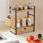 2-Tier Bathroom Counter Organizer, Wooden Vanity Shelf with Drawer & Basket - Image 5