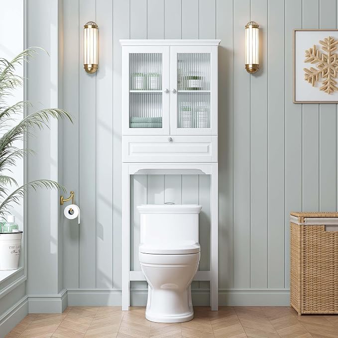 Spirich Over the Toilet Storage Cabinet with Moru Glass Doors, White - Image 5