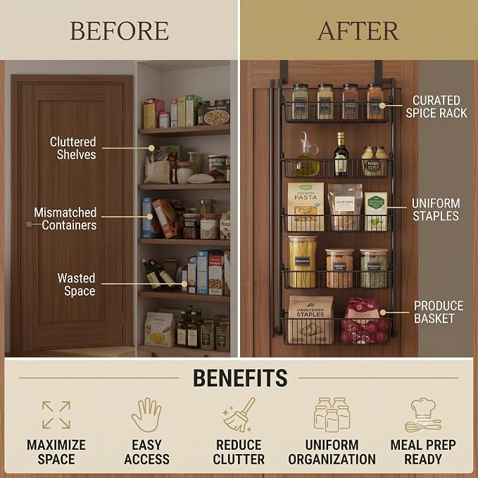 Over The Door Organizer, 6-Tier Carbon Steel Heavy Duty Hanging Storage, Kitchen Spice Rack Behind Door Caddy Shelf For Bathroom, Closets, Seasonings & Space Saver, Easy To Install - Image 2