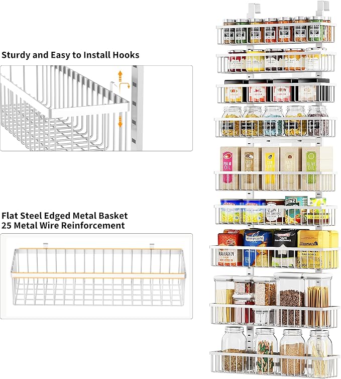Moforoco 9-Tier White Over The Door Pantry Organizer, Pantry Organization and Storage, Black Hanging Basket Wall Spice Rack Seasoning Shelves, Home & Kitchen Bedroom Bathroom House Essentials - Image 2