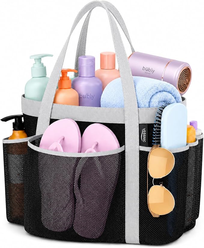 YASONIC Double Handles Mesh Shower Caddy Portable for College Dorm Essentials, 8 Pockets Large Capacity Shower Organizer for Girls, Quick-Dry Hanging Toiletry Bag for Bathroom Travel, Black&Grey by YASONIC