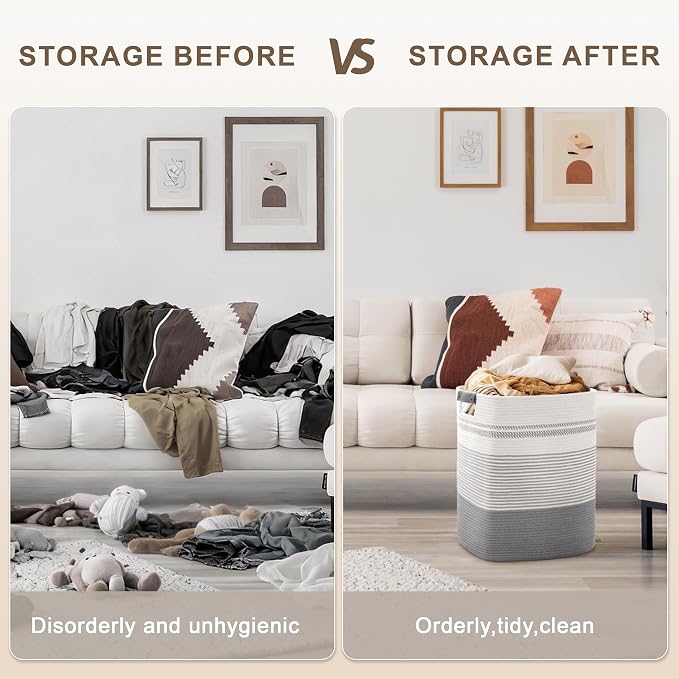 85L Tall Woven Laundry Basket Hamper with Leather Handles,Grey - Image 4