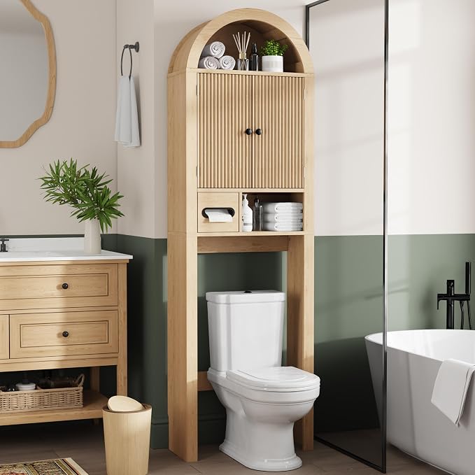 Arched Over the Toilet Storage Cabinet with Fluted Wood Doors, Natural Oak by Nivisre
