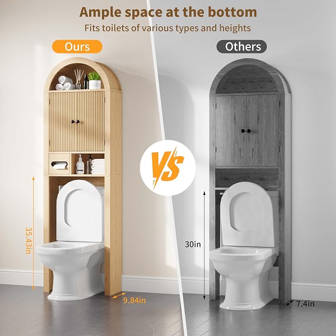 Arched Over the Toilet Storage Cabinet with Fluted Wood Doors, Natural Oak - Image 6