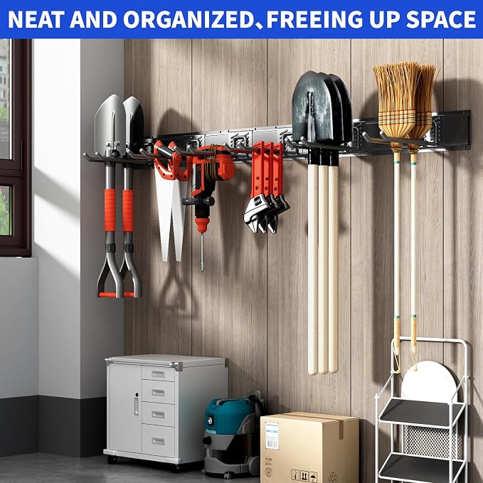 Garage Tool Organizer Wall Mount, 48 Inch Heavy Duty Garden Tool Organizer Storage System, Easy Install with 6 Adjustable Straight Hooks, for Garage, Basement, Shed, Workshop, Black, Steel - Image 6