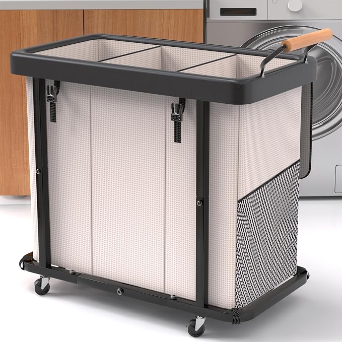 Laundry Hamper 3 Section,230L Rolling Dirty Clothes Hamper White by Unlockyourhomestoragelife