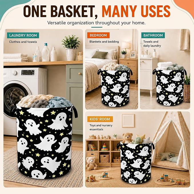 Ghosts Laundry Basket with Handles,Halloween Foldable Oxford Laundry Hamper,Collapsible Clothes Storage Basket for Laundry Room/Bathroom/Bedroom/Dormitories 20.8 x 16 Inches - Image 7
