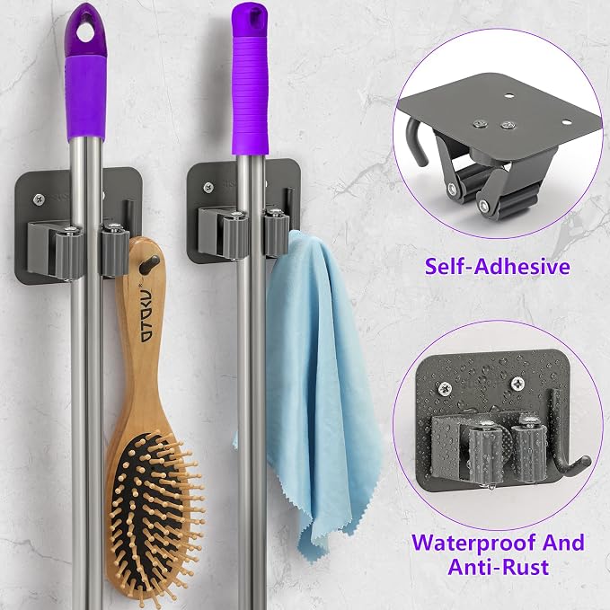 Broom Holder Wall Mount Rack, 304 Stainless Steel Mop and Tool Organizer - Image 4
