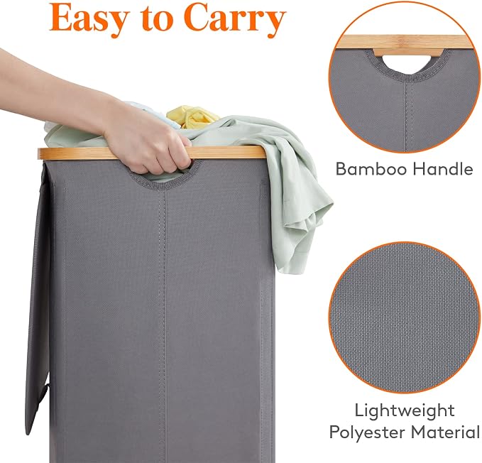 Lifewit 105L Laundry Basket with Lid, Clothes Hampers for Laundry with Bamboo Handles and 1 Removable Bag, Large Foldable Laundry Hamper for Bedroom, Bathroom, Dorm, Laundry Room, Gray - Image 6