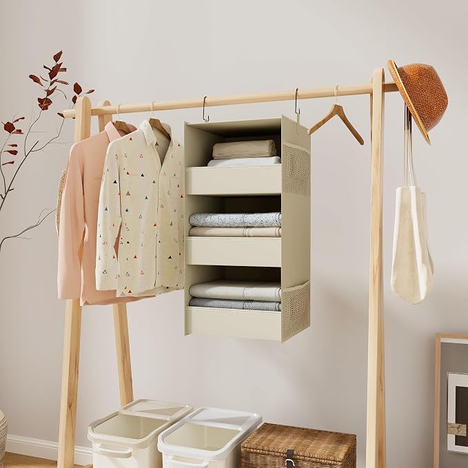 3-Shelf Hanging Closet Organizer, Washable Foldable Storage Shelves, Beige | Front lip keeps items secure; side pockets add room; Oxford fabric handles towels, shirts, baby items, dorms, RVs or travel. - Image 2