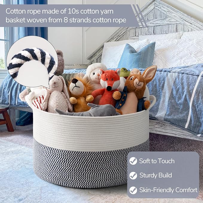INDRESSME XXXLarge Woven Rope Blanket Basket Living Room Navy, 90L - Image 2