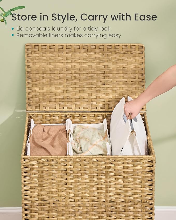 SONGMICS 3-Section Laundry Hamper with Lid, PE Rattan, 42 Gallons (160 L) - Image 4