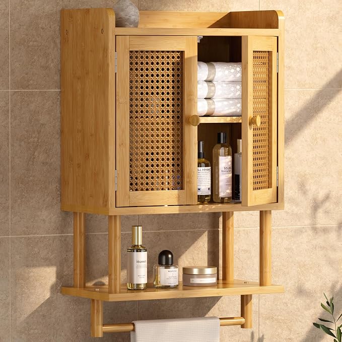 AmazerBath Bathroom Wall Cabinets, Bamboo Medicine Cabinet with Rattan Door, Over The Toilet Storage Cabinet with Towel Bar, Wall Mounted Cabinet with Adjustable Shelves for Small Spaces by AmazerBath