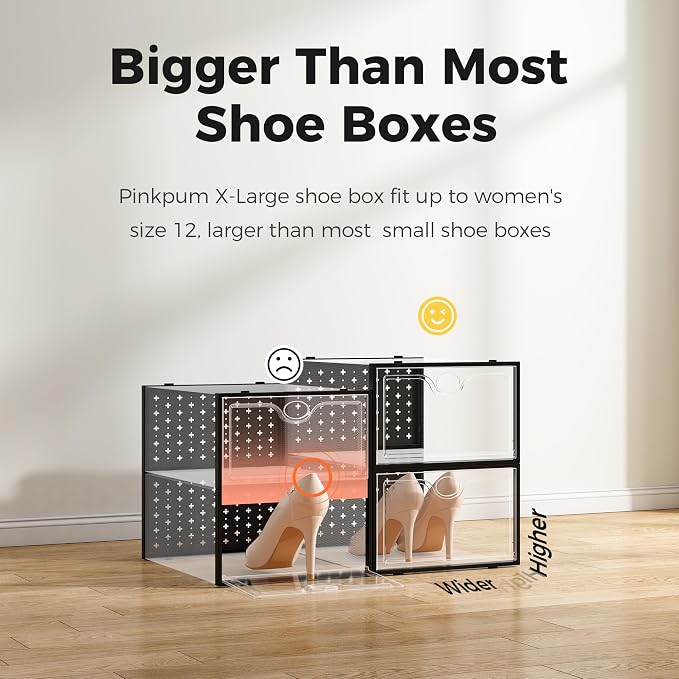 Pinkpum 12 Pack X-Large Shoe Storage Boxes, Shoe Organizer Clear Stackable | Fit US Size 11, 6.2” Height, Shoe Dispaly Case Holder Bins Sneaker Storage for Sneakerheads, For Home and Family, Black - Image 5
