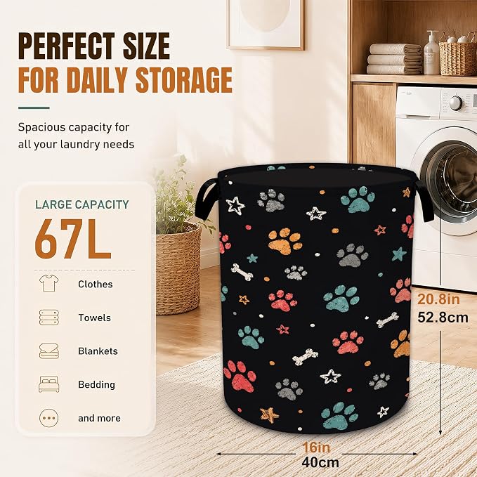 Dog Paws Laundry Basket with Handles,Cute Stars Foldable Oxford Clothes Hamper, Portable Dirty Clothes Storage Organizer for Bedroom Bathroom Dorm Laundry Room,20.8x16 Inch - Image 2