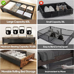 Under Bed Storage with Wheels, Underbed Shoe Storage Containers, Under the Bed Storage Drawers with Lid, Wooden Rolling Blankets Clothes Storage Metal Drawer for Bedroom Dorms Room (Walnut 2pack) - Image 3