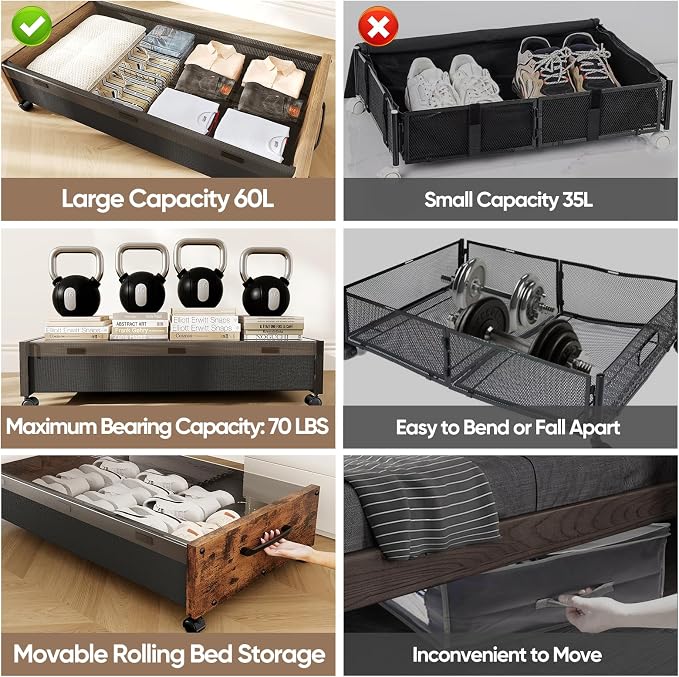 Under Bed Storage with Wheels, Underbed Shoe Storage Containers, Under the Bed Storage Drawers with Lid, Wooden Rolling Blankets Clothes Storage Metal Drawer for Bedroom Dorms Room (Walnut 2pack) - Image 3