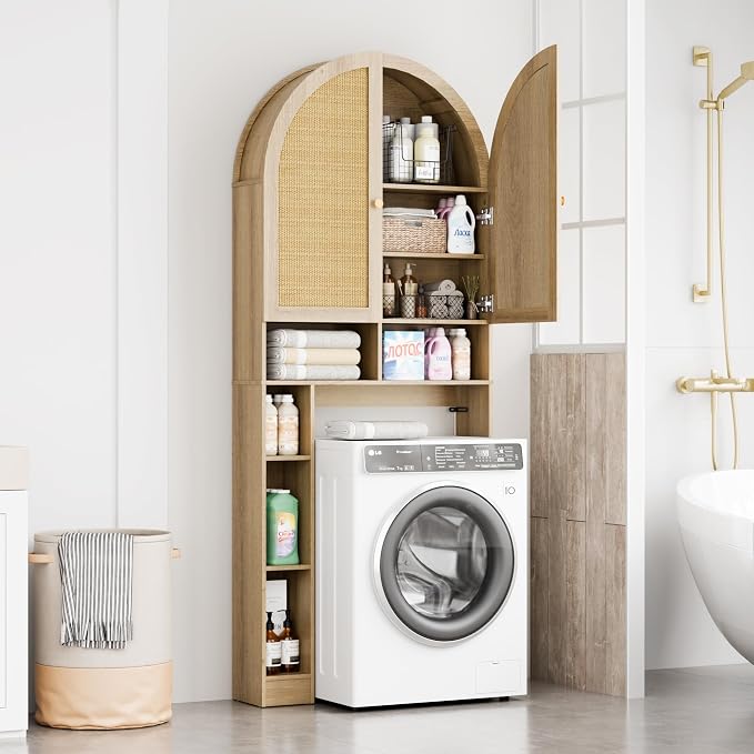 Over The Toilet Storage Cabinet, 29.7”W Modern Storage Cabinet Over Toilet with Rattan Doors, Arched Freestanding Over Toilet Rack with Adjustable Shelf for Bathroom, Nature - Image 3