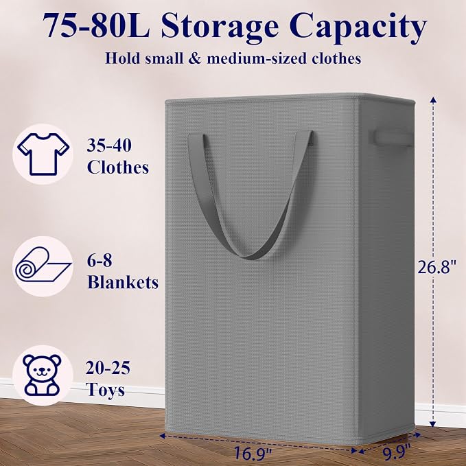 Optish 75L Slim Laundry Hamper, Large Laundry Basket With Handles, Narrow Laundry Basket for Dorm, Bedroom, Living Room, Collapsible Laundry Hamper, Grey - Image 3