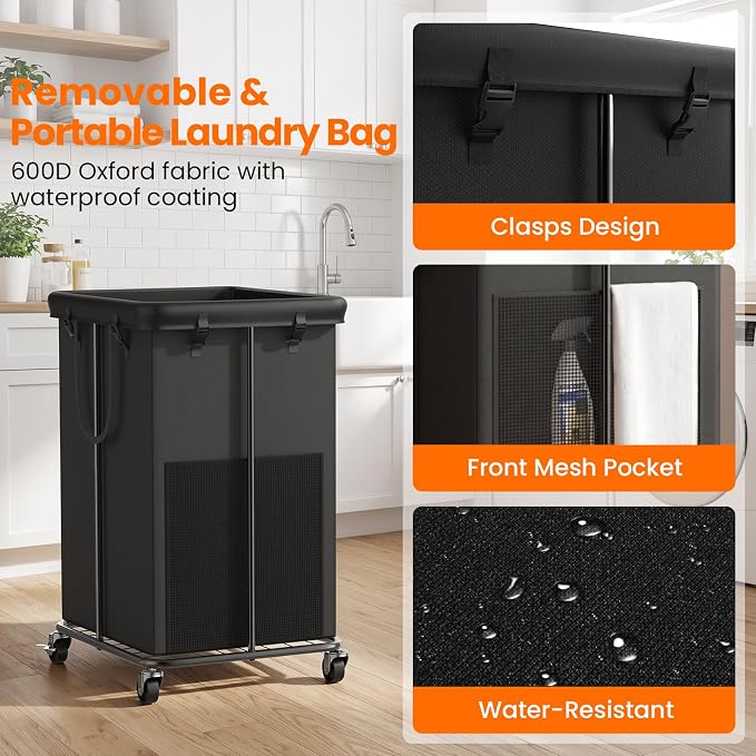 2 Pack Laundry Hamper with Wheels, 150L Rolling Laundry Basket Bag Handles - Image 5