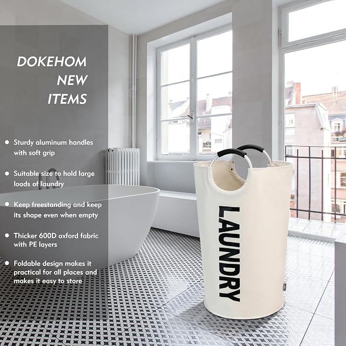 DOKEHOM 125L X-Large Laundry Basket Bag, Collapsible Tall Hamper, Beige - Image 2