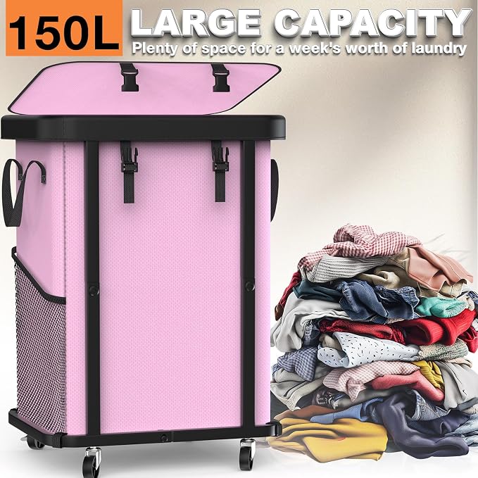 Laundry Basket with Wheels,150L (40 Gal) Rolling Hamper Carts - Pink - Image 2