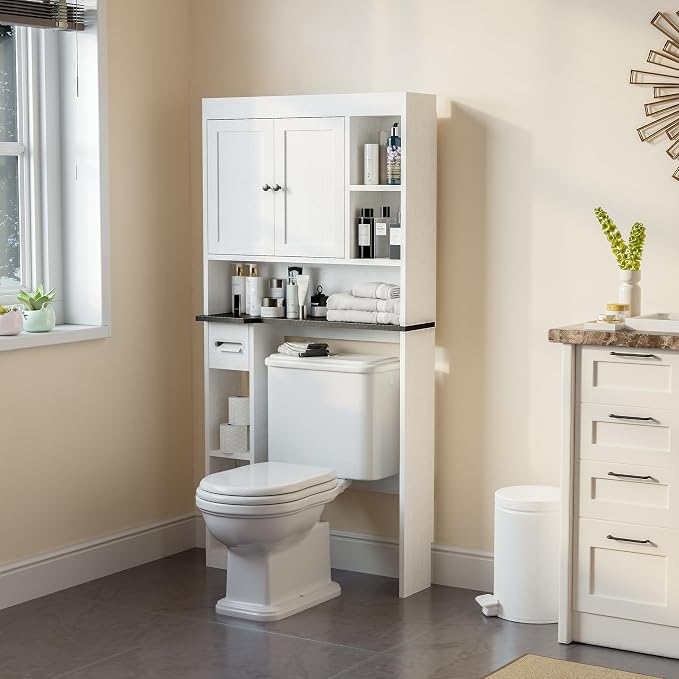 Over The Toilet Storage Cabinet with 7 Shelves, Imitation Walnut Grain Above Toilet Bathroom Organizer with Toilet Paper Holder Stand, Space Saver for Restroom, Laundry, Bathroom (White) by Nivisre