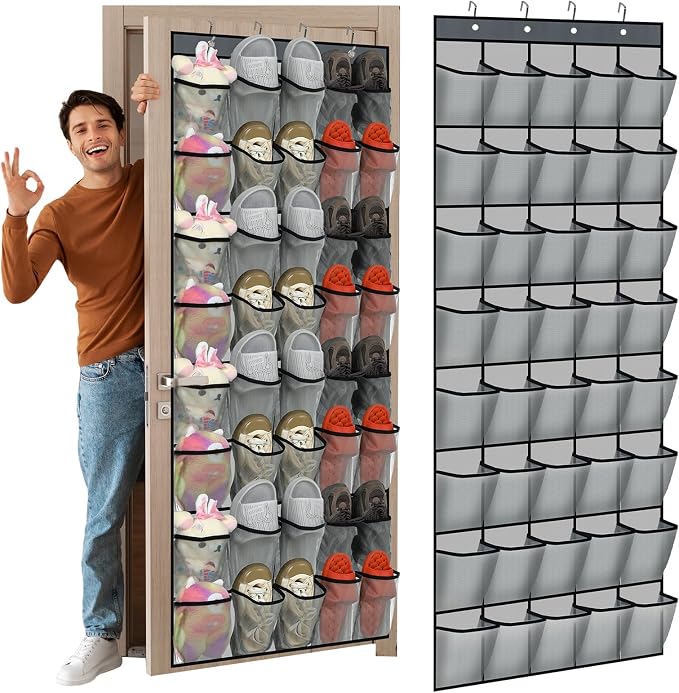 Windyun 2 Pcs 40 Pocket Over The Door Shoe Organizer, Gray - Image 7
