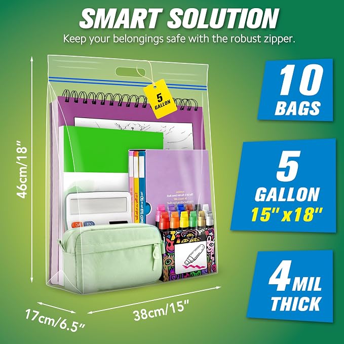 HIBAG 5 Gallon Large Storage Bags, 15” x 18” Resealable Clear Bags with Handle, Extra Large XL Heavy Duty for Clothes Pillow Travel Moving, Pack of 10 - Image 2