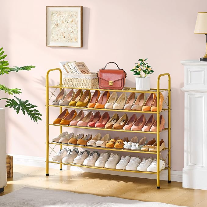 Hoctieon 5 Tier Shoe Rack for Closet, Durable Mesh Style Shoe Rack, Entryway Shoe Shelf, Shoe Storage Organizer for Hallway, Bedroom, Living Room, Wardrobe, Gold - Image 2
